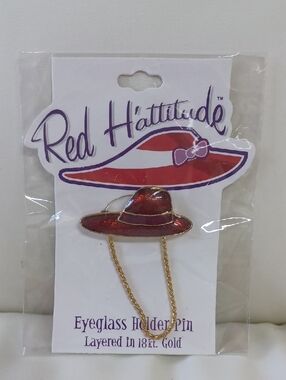 New In Pkg Red H'attitude Red Enamel Hat Eyeglass Holder Pin Layered In 18K Gold